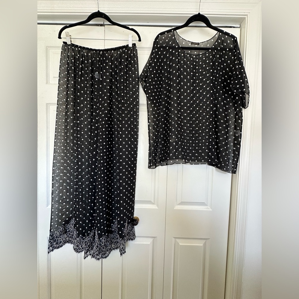 Rosamosario 100% Silk Georgette Polka Dot Lounge Set French Lace Luxury Lounge - Picture 4 of 17